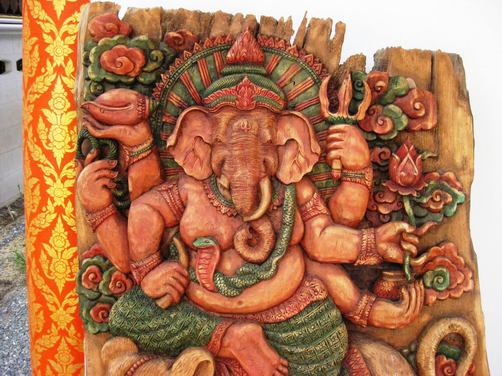 Hand Carved Teak Wood Ganesha Warrior God Panel