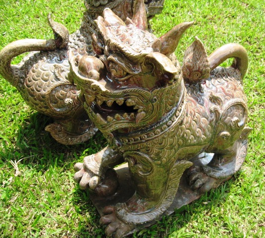 Pair of Hand Made Celadon Giant Foo Dogs in Mangosteen Finish