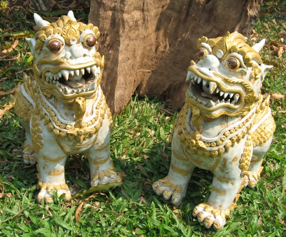 Pair of Hand Made Celadon Foo Dogs