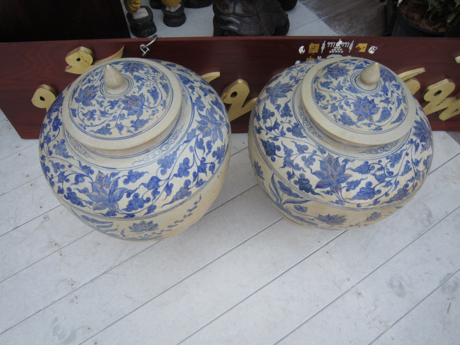 Pair of Large Sukothai Sangkhalok Celadon Urns Antique Styles