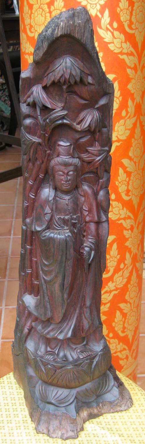 Hand Carved Standing Guan Yin in Mahogany