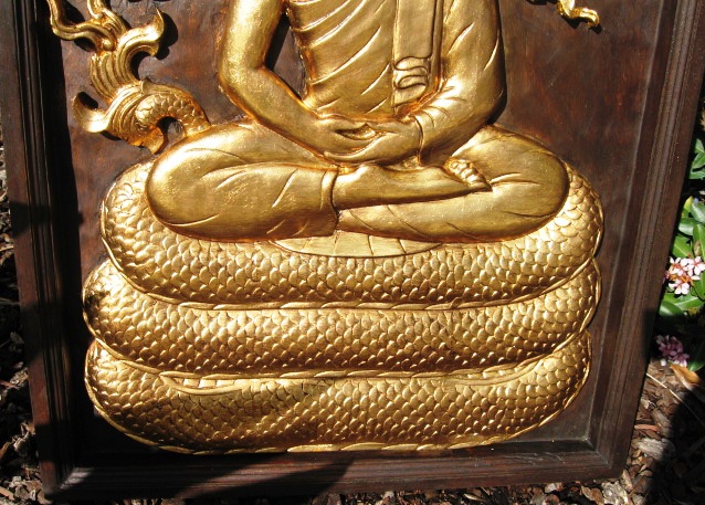 Hand Carved Teak Panel with Buddha on Naga Gold Leaf