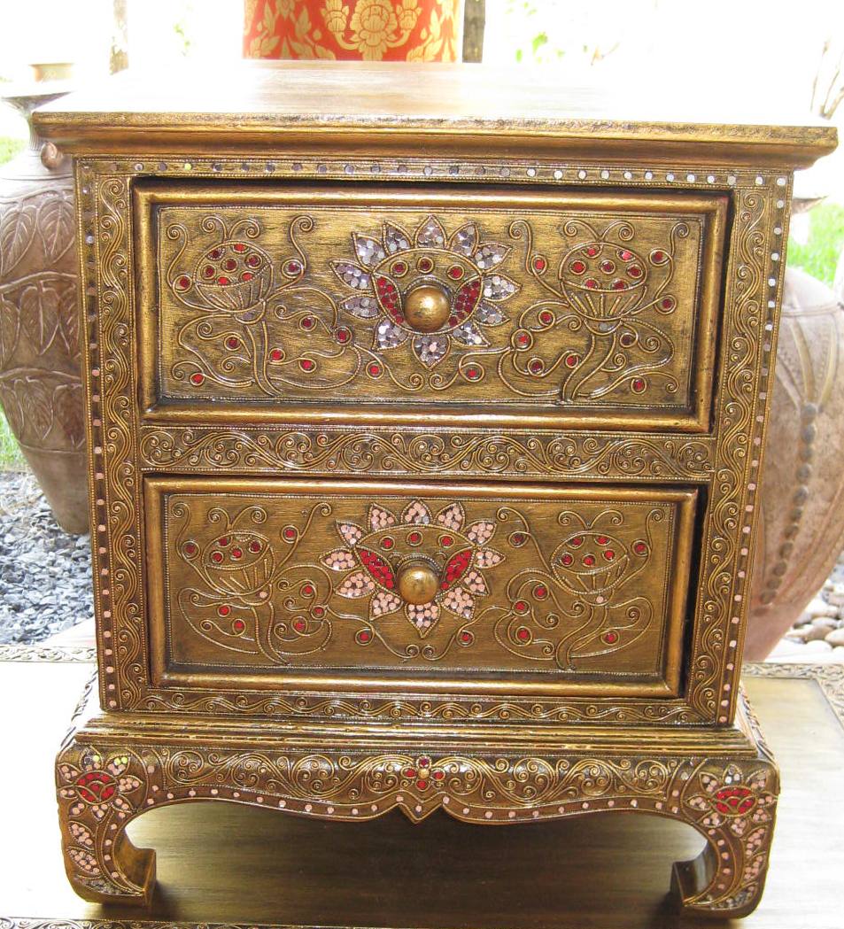Lotus and Vines Golden Antique Night Stand