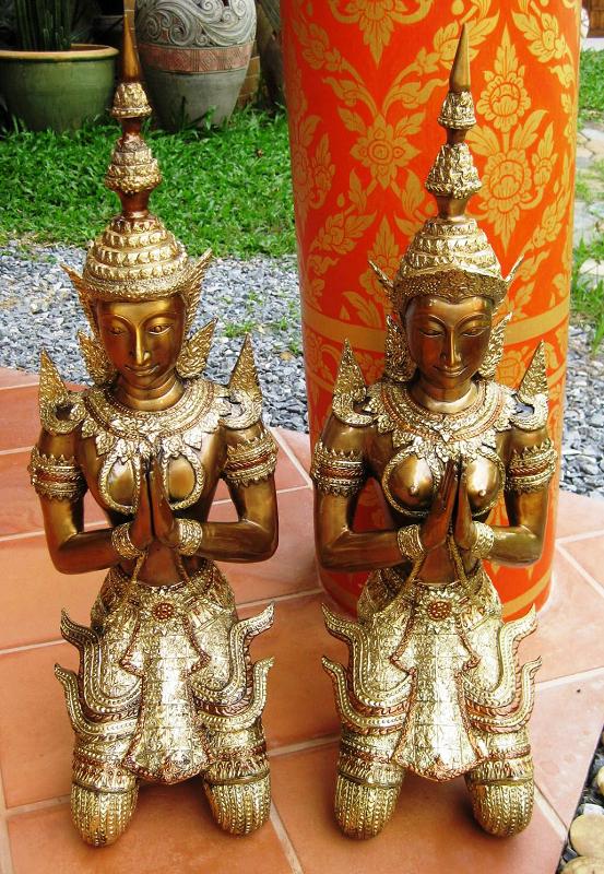 Pair of Male & Female Kneeling Teppanom in polished brass