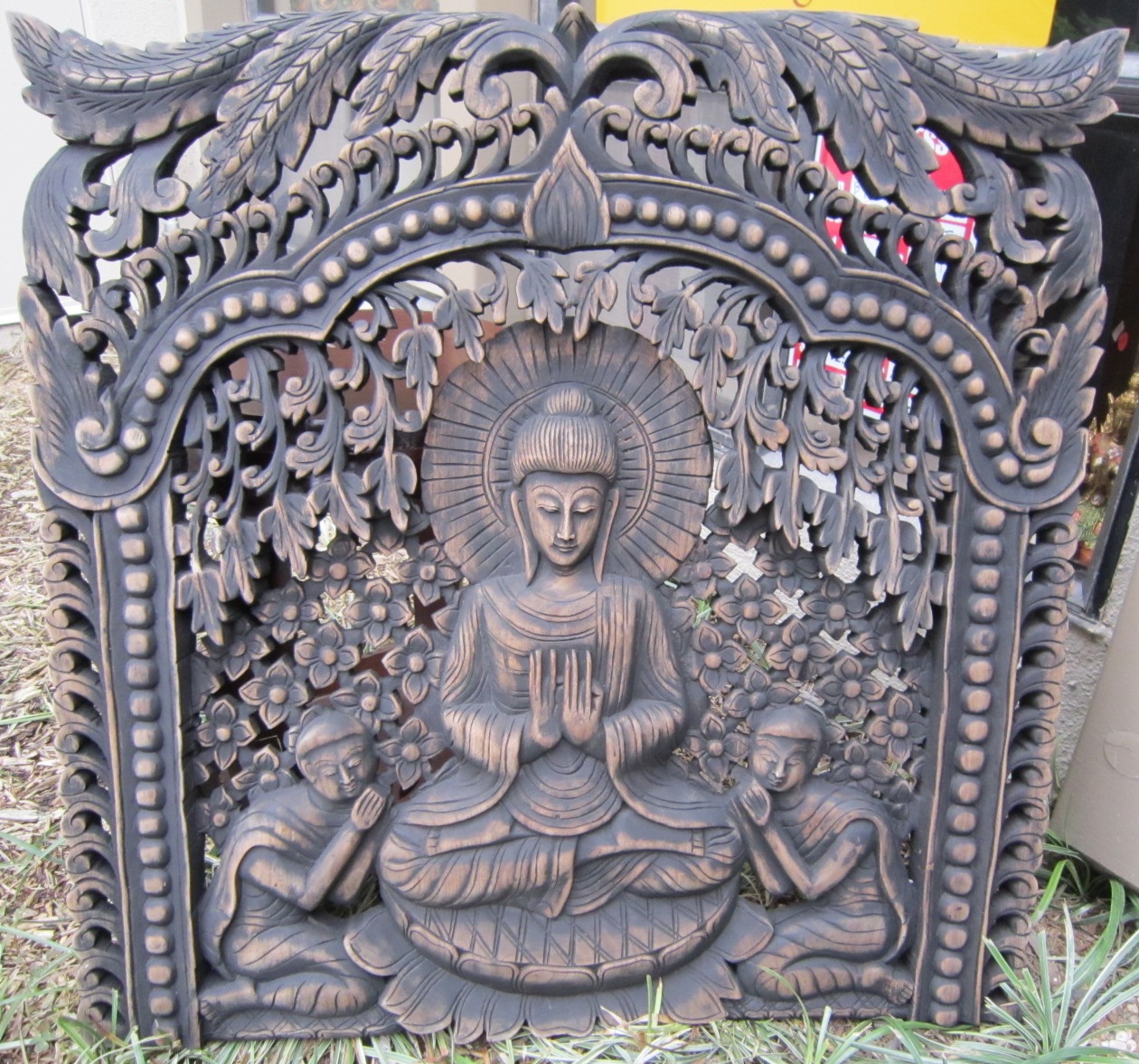 Buddha under Bodhi Tree Teak Panel in Antique Finish
